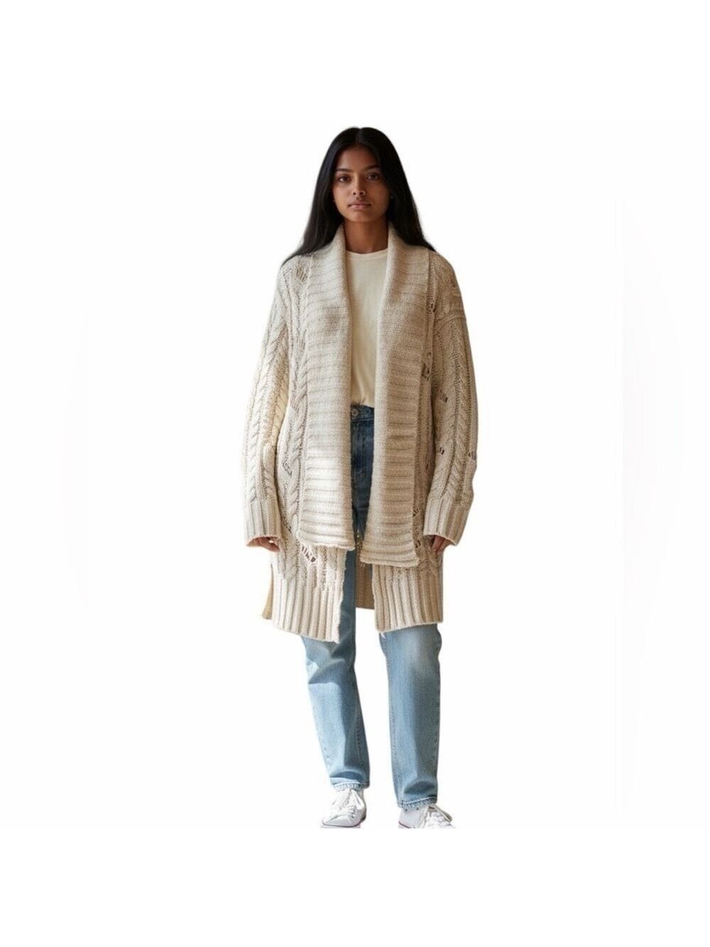 POL Oversized Cable Distressed Knit Open Front Cream Color Cardigan Size M EC